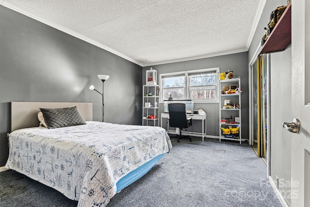 carpeted bedroom with baseboards, ornamental molding, and a textured ceiling