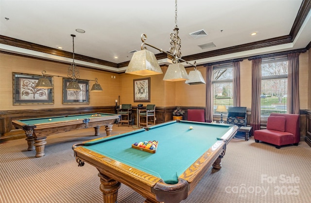 rec room with visible vents, pool table, crown molding, carpet floors, and wainscoting