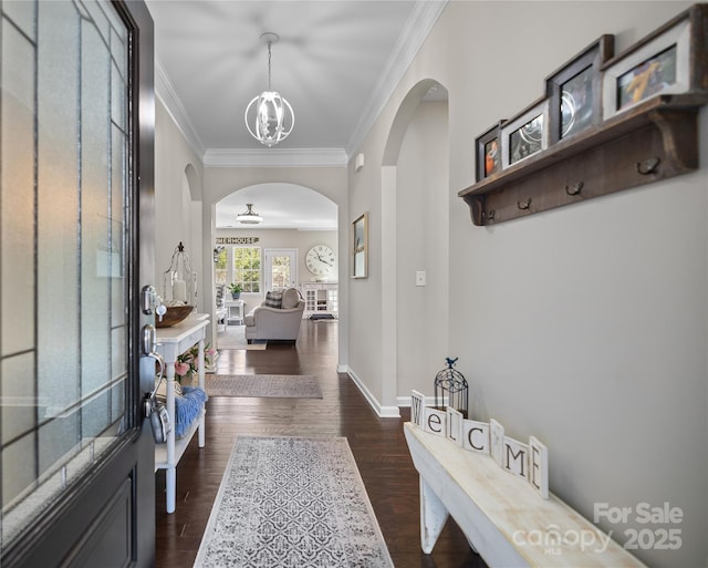 foyer with ornamental molding, dark wood finished floors, and baseboards