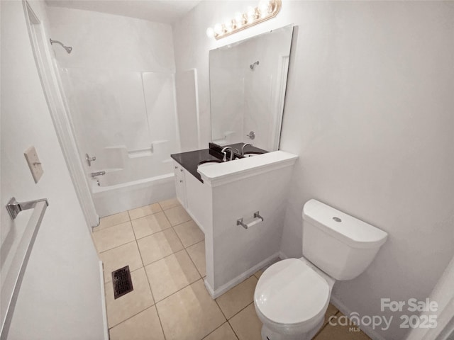 bathroom with bathing tub / shower combination, visible vents, toilet, vanity, and tile patterned floors