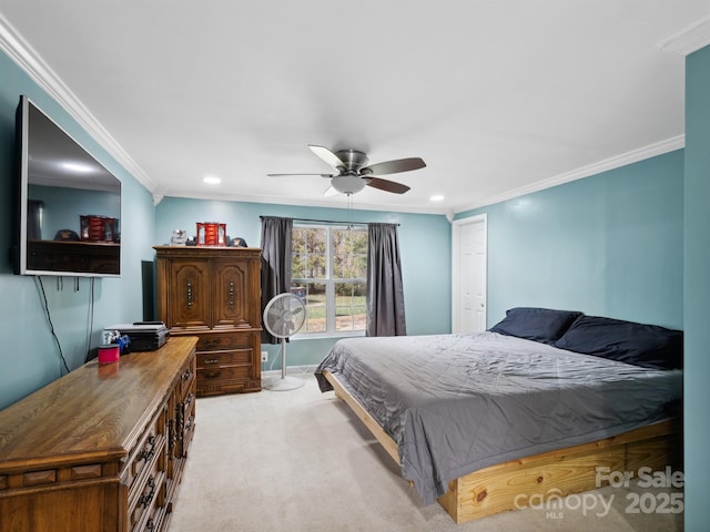 2200 Peninsula Ave, Shelby, NC 28150 - bedroom with crown molding, recessed lighting, light colored carpet, and a ceiling fan
