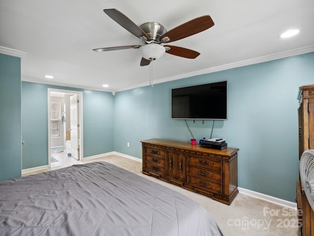 2200 Peninsula Ave, Shelby, NC 28150 - bedroom featuring ornamental molding, recessed lighting, a ceiling fan, and connected bathroom