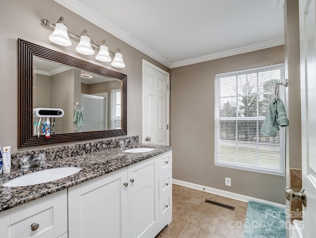 2200 Peninsula Ave, Shelby, NC 28150 - bathroom with a shower stall, double vanity, and crown molding