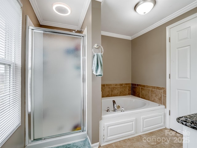 2200 Peninsula Ave, Shelby, NC 28150 - bathroom featuring a shower stall, a garden tub, ornamental molding, and tile patterned flooring