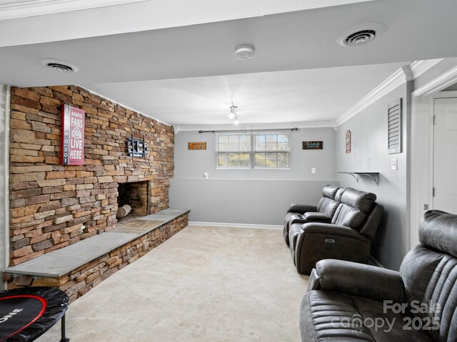 2200 Peninsula Ave, Shelby, NC 28150 - living area with crown molding, carpet, and a stone fireplace