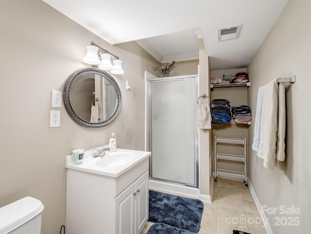 2200 Peninsula Ave, Shelby, NC 28150 - full bathroom featuring a stall shower, vanity, tile patterned floors, and crown molding