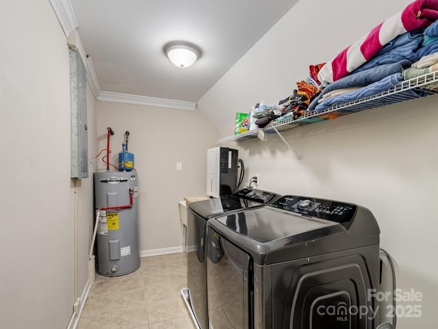 2200 Peninsula Ave, Shelby, NC 28150 - laundry area featuring electric water heater, washer and dryer, and ornamental molding