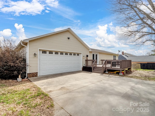 2200 Peninsula Ave, Shelby, NC 28150 - ranch-style house with concrete driveway, an attached garage, a wooden deck, and french doors