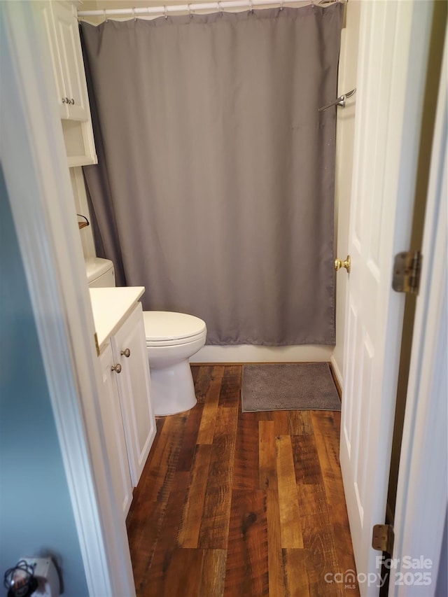 bathroom featuring toilet, wood finished floors, and vanity