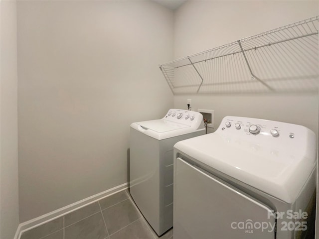 laundry room featuring tile patterned flooring, laundry area, washer and clothes dryer, and baseboards