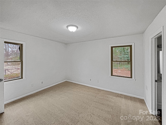 spare room featuring a textured ceiling, carpet floors, and baseboards