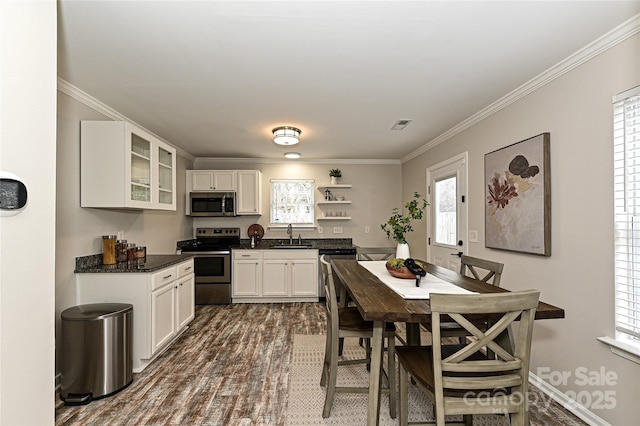 kitchen featuring a sink, white cabinets, stainless steel appliances, and ornamental molding