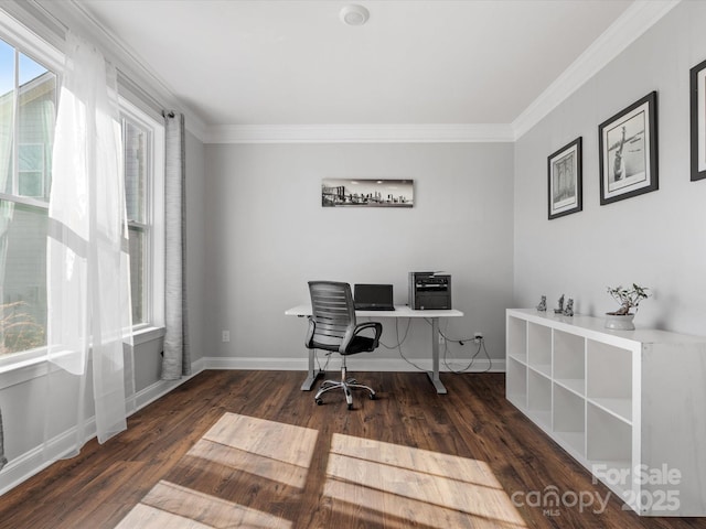 office area with crown molding, baseboards, and dark wood-style flooring