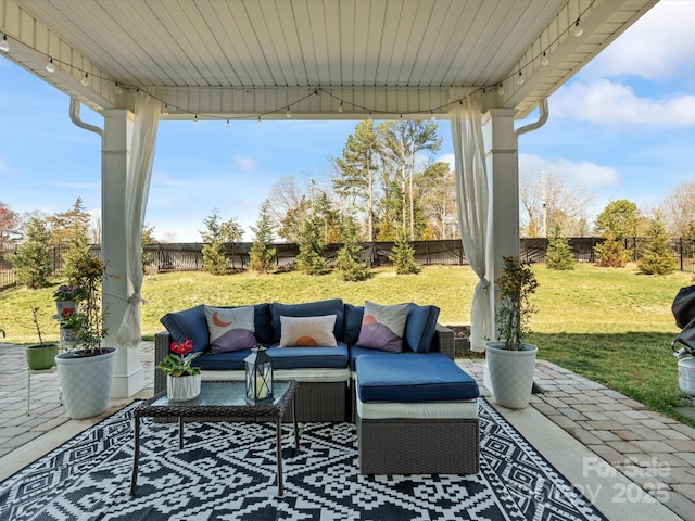 view of patio / terrace featuring a fenced backyard and an outdoor hangout area