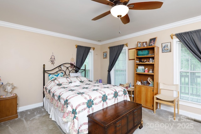 bedroom with light carpet, visible vents, ornamental molding, and baseboards