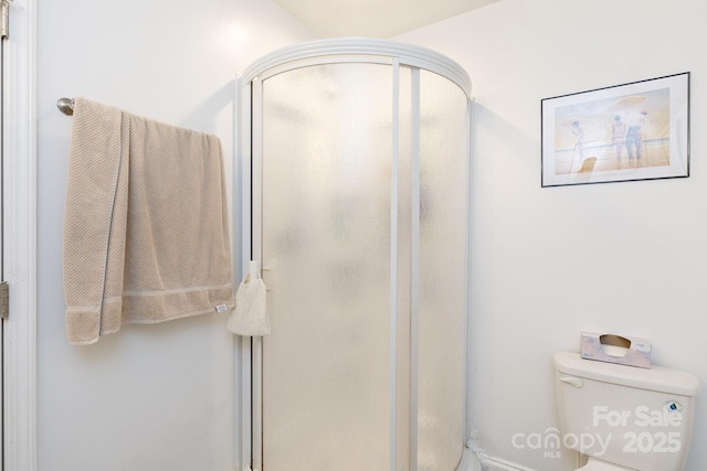 bathroom with a stall shower and toilet