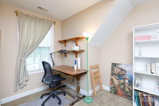 carpeted office featuring baseboards and visible vents