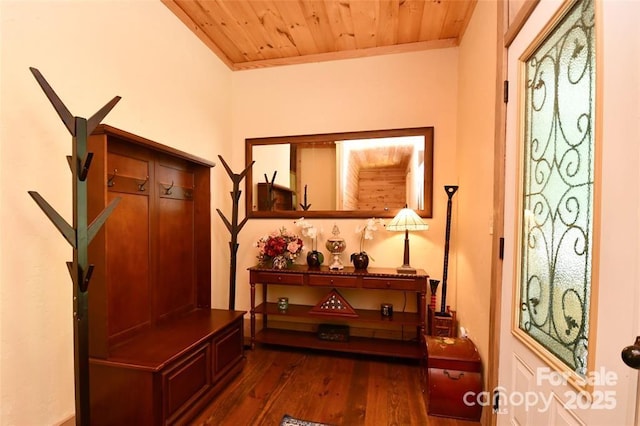 interior space with wood ceiling and dark wood-type flooring