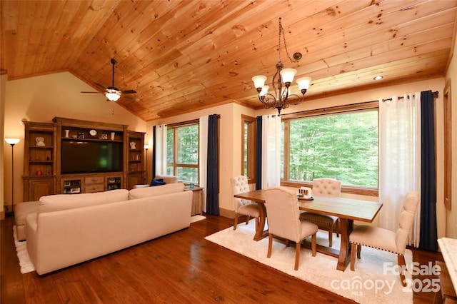 living area with wood ceiling, lofted ceiling, dark wood-style flooring, and a healthy amount of sunlight