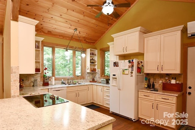 kitchen featuring lofted ceiling, wooden ceiling, white appliances, a sink, and open shelves