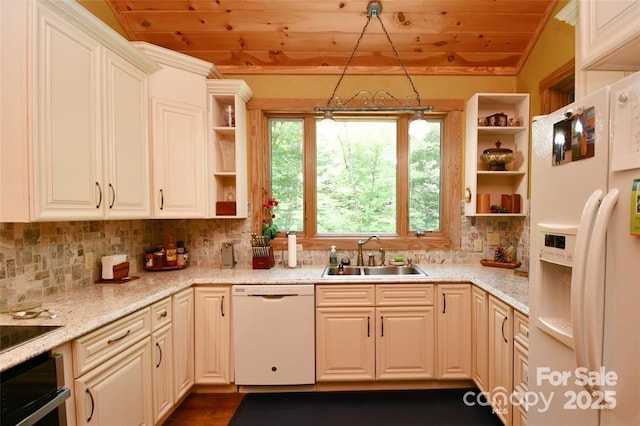 kitchen featuring open shelves, white appliances, a sink, and wood ceiling