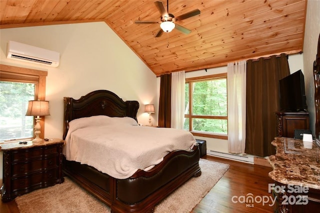 bedroom featuring wood ceiling, wood finished floors, vaulted ceiling, an AC wall unit, and a baseboard heating unit