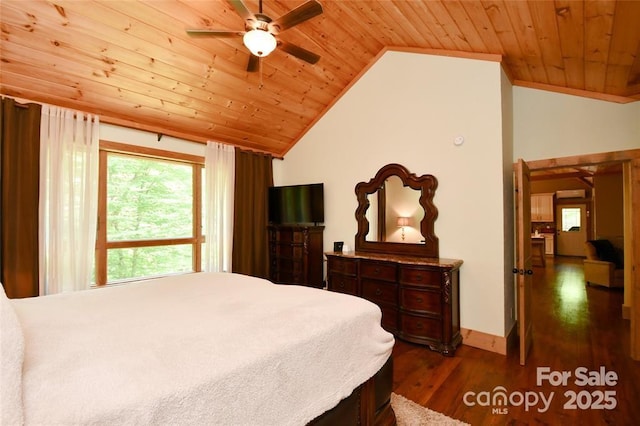 bedroom featuring dark wood-style floors, lofted ceiling, wood ceiling, and ceiling fan