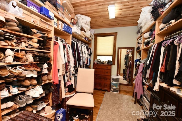 walk in closet featuring lofted ceiling and wood finished floors