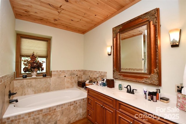 full bath featuring a bath, vanity, and wood ceiling