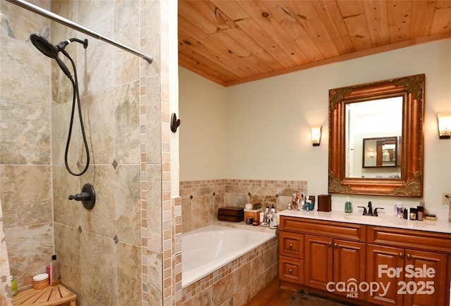 full bath with wood ceiling, a bath, and tiled shower