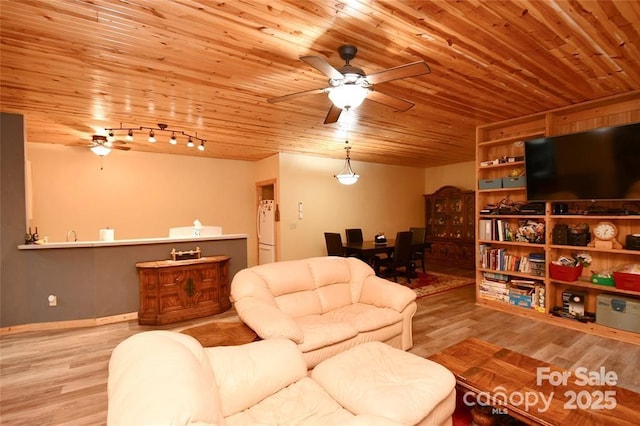 living room with ceiling fan, wood finished floors, wood ceiling, and track lighting