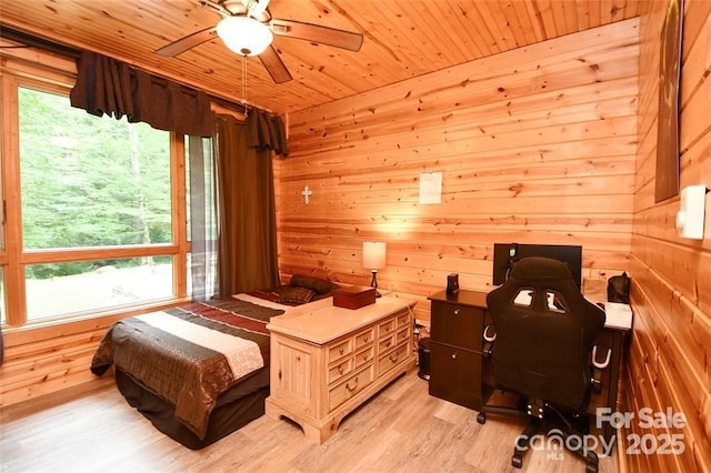 bedroom featuring wooden ceiling, light wood-style flooring, and wooden walls