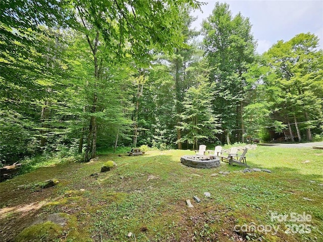 view of yard with an outdoor fire pit and a wooded view