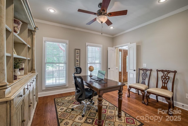 office with ceiling fan, recessed lighting, dark wood-type flooring, baseboards, and ornamental molding