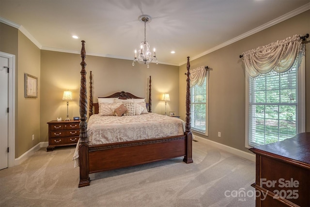 bedroom featuring light carpet, baseboards, and crown molding