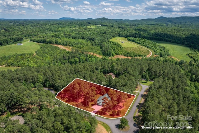 birds eye view of property featuring a mountain view and a view of trees