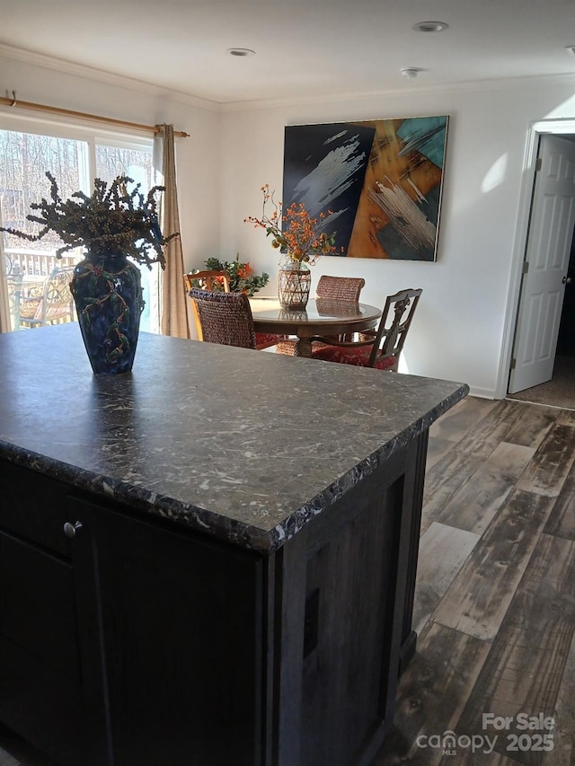 kitchen featuring dark wood-style flooring, dark cabinetry, and crown molding