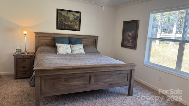 carpeted bedroom featuring baseboards, multiple windows, and ornamental molding