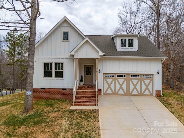 modern farmhouse style home with board and batten siding, roof with shingles, concrete driveway, an attached garage, and crawl space