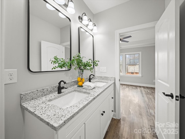 bathroom featuring double vanity, wood finished floors, baseboards, and a sink