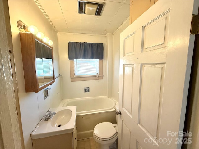 full bath with toilet, a washtub, vanity, visible vents, and crown molding