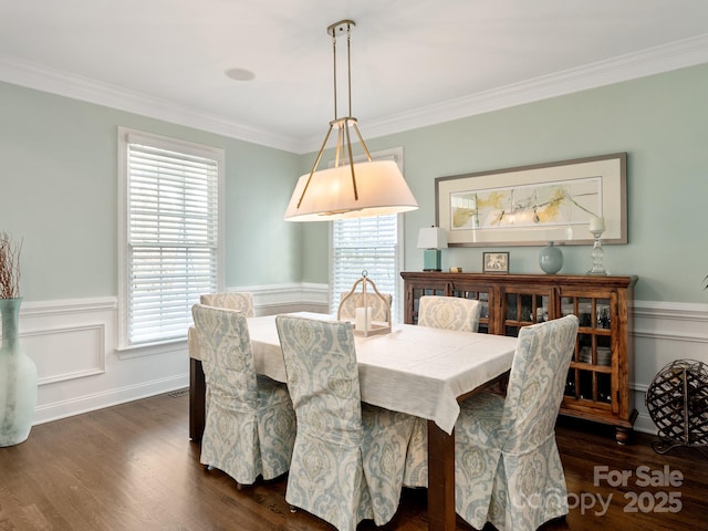 dining room with a wealth of natural light, a wainscoted wall, and dark wood-style flooring