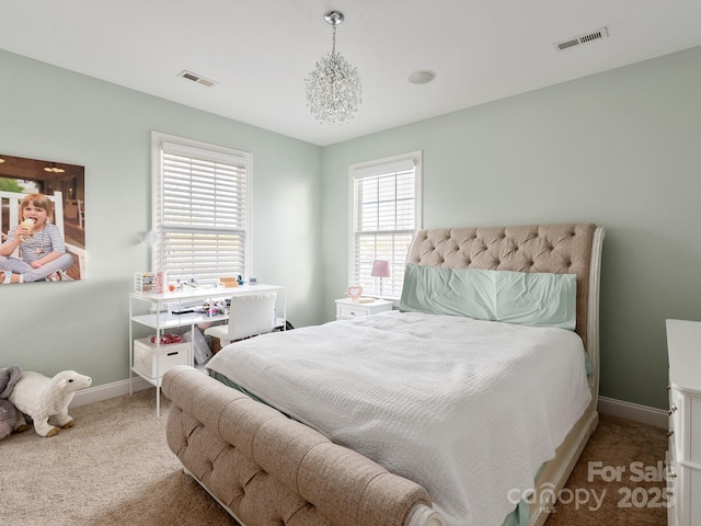 bedroom featuring visible vents, baseboards, and carpet flooring