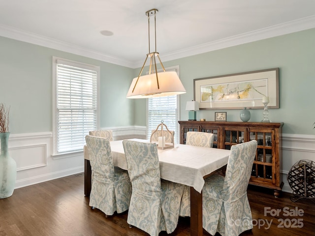 dining space featuring wainscoting, a wealth of natural light, crown molding, and dark wood-type flooring