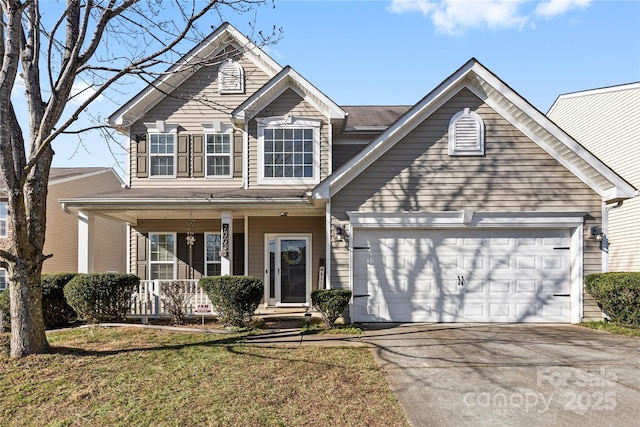 traditional-style house with a garage, driveway, covered porch, and a front yard