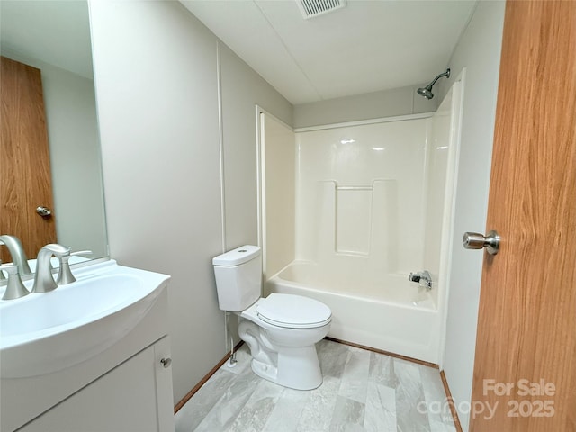 bathroom with toilet, shower / bath combination, visible vents, and vanity