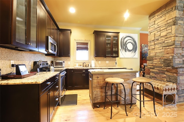 kitchen with tasteful backsplash, ornamental molding, stainless steel appliances, dark brown cabinets, and light wood-type flooring