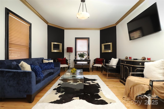 living area featuring light wood finished floors and ornamental molding