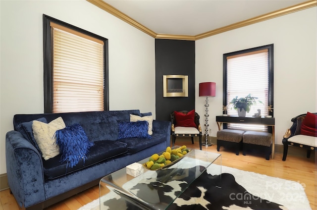 living area featuring ornamental molding, wood finished floors, and baseboards