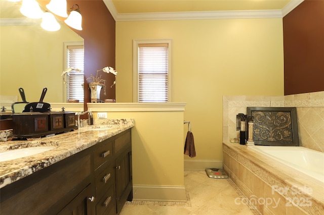 bathroom with double vanity, a sink, a bath, and crown molding